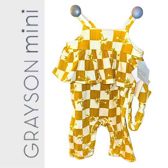 NWT Grayson Mini 3-6 mo Golden Cream Checkered Print Palm Tree Kids Matching Set - Picture 1 of 12